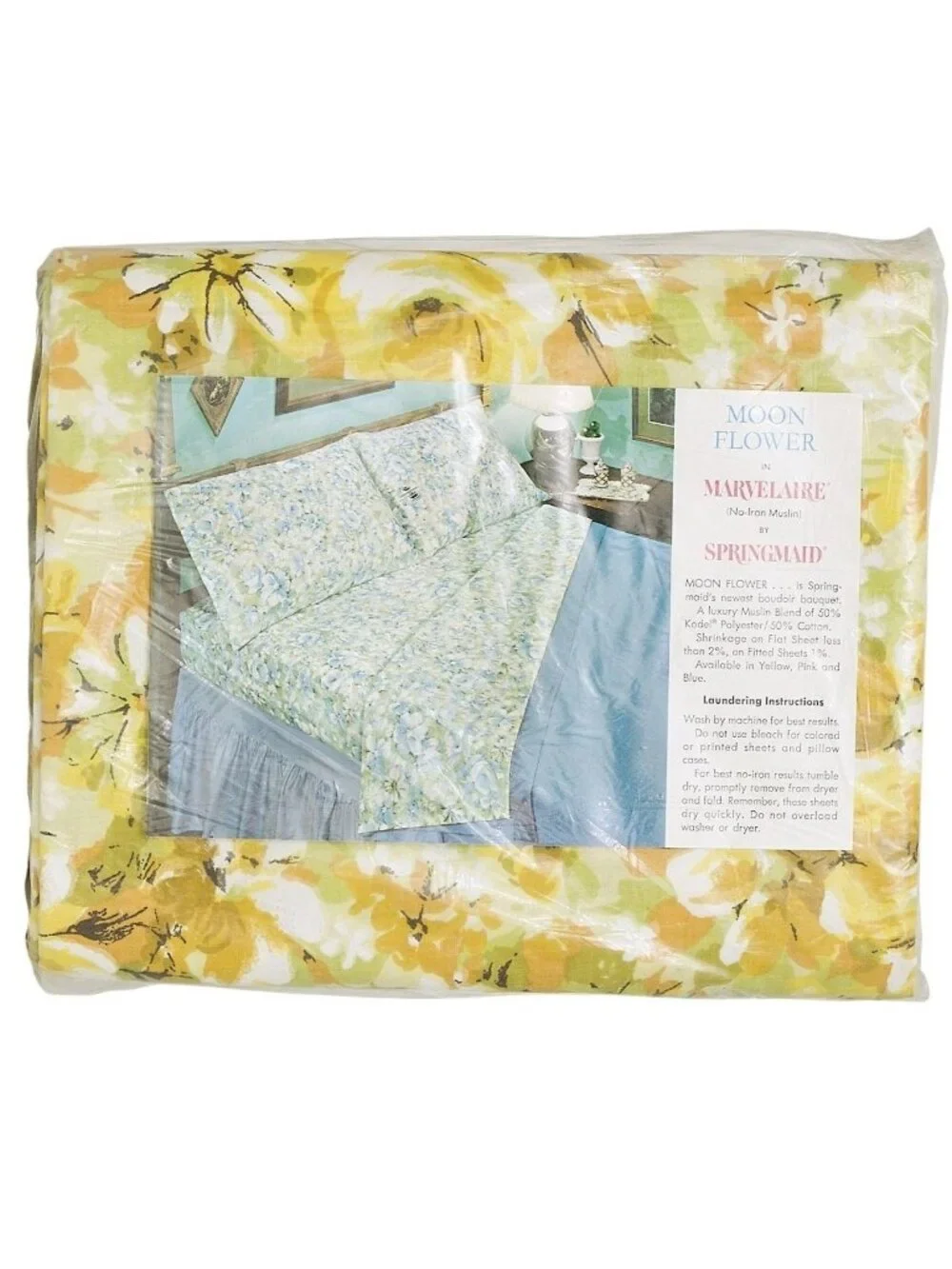 Springmaid Marvelaire Flat Sheet Double Moon Flower Yellow New Vintage 70s